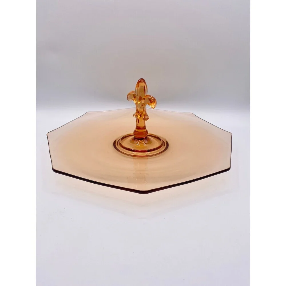 Fostoria Pioneer Amber Glass Serving Dish: Fleur de Lis Handle, Octagon 12”